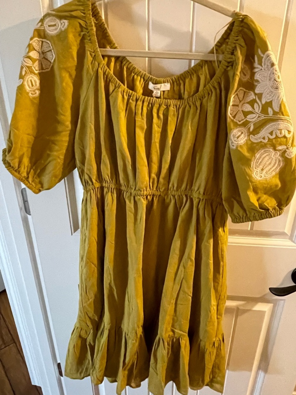 easel Mustard Yellow Midi Dress with White Embroidered Puff Sleeves